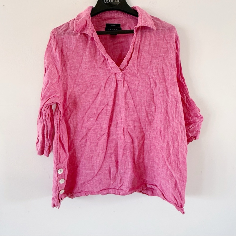 Tahari Women 100% Linen Popover 3/4 Sleeve Top 1X Coastal Beach Modest Casual